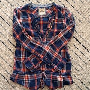 Hollister Navy and Red Plaid Ruffle Blouse